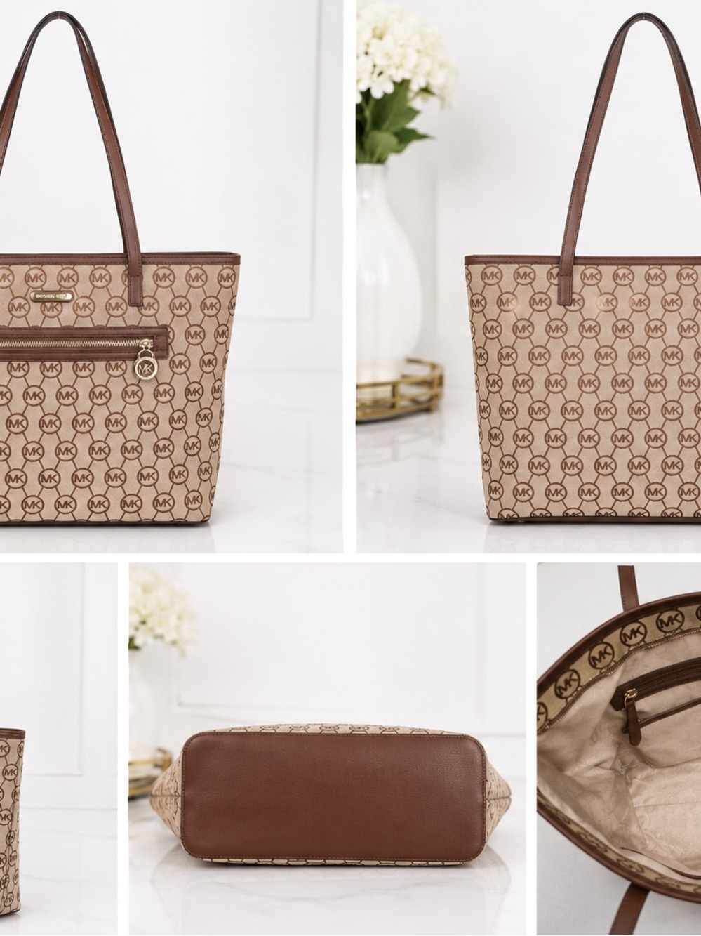 Michael Kors Beige and Brown Logo-Print Tote